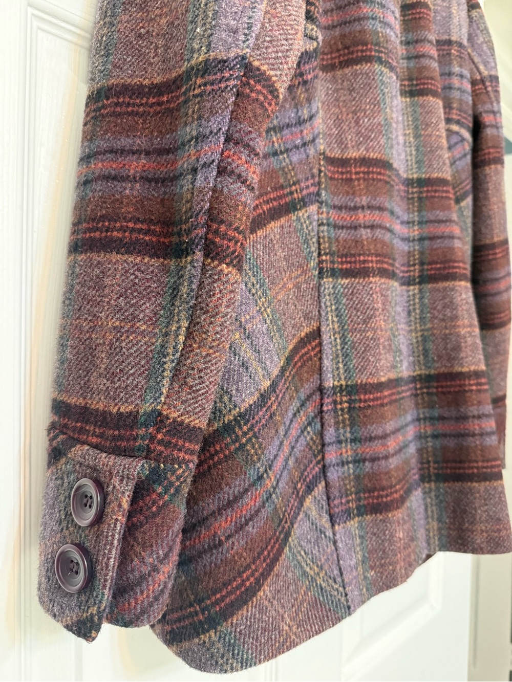 Moda International Wool Plaid Double-Breasted Peacoat in Plum/Brown - Picture 6 of 9